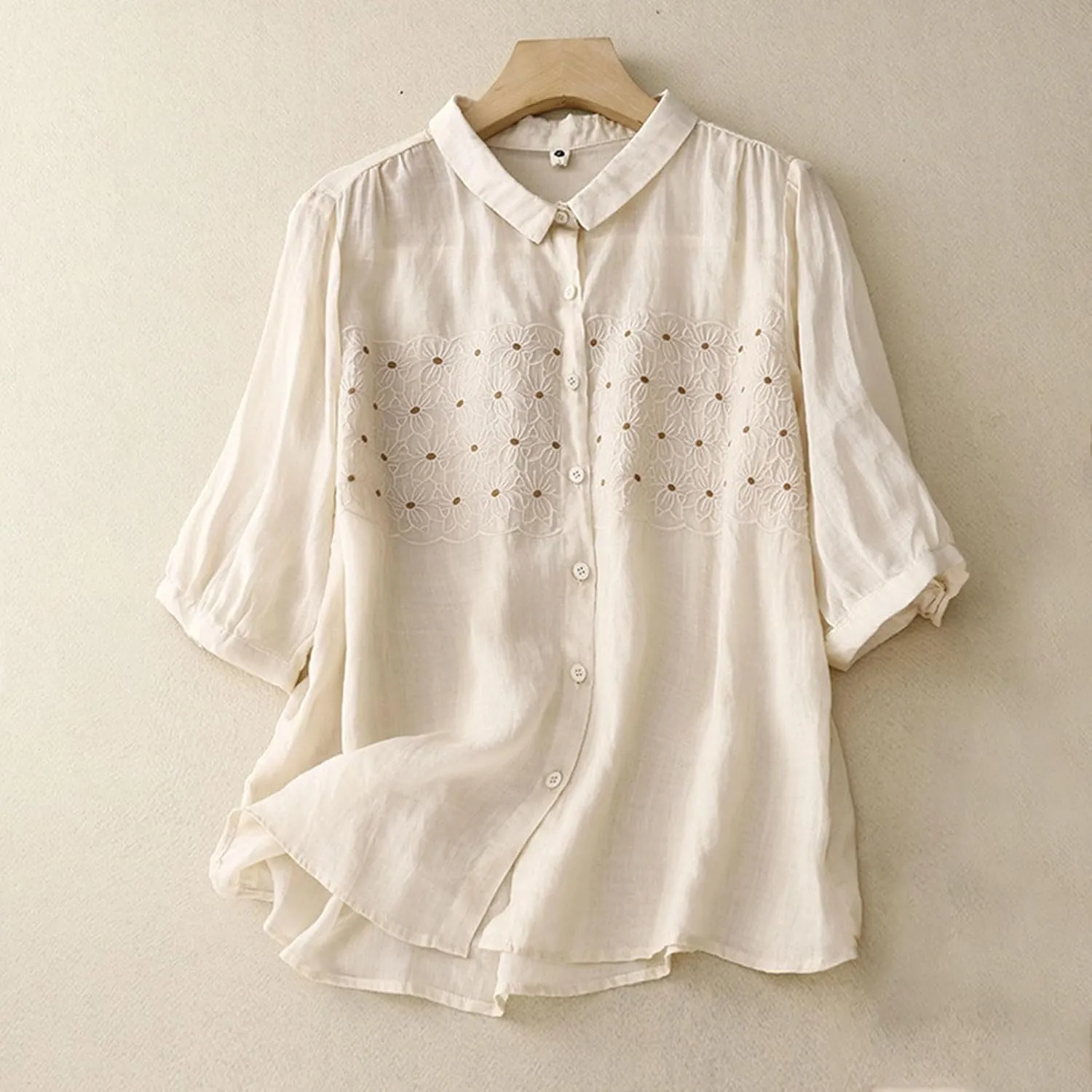 Women's Elbow Sleeve Button Down Cotton Linen Tops Shirts Simple Solid Color Collared Blouses Casual Loose T Shirt