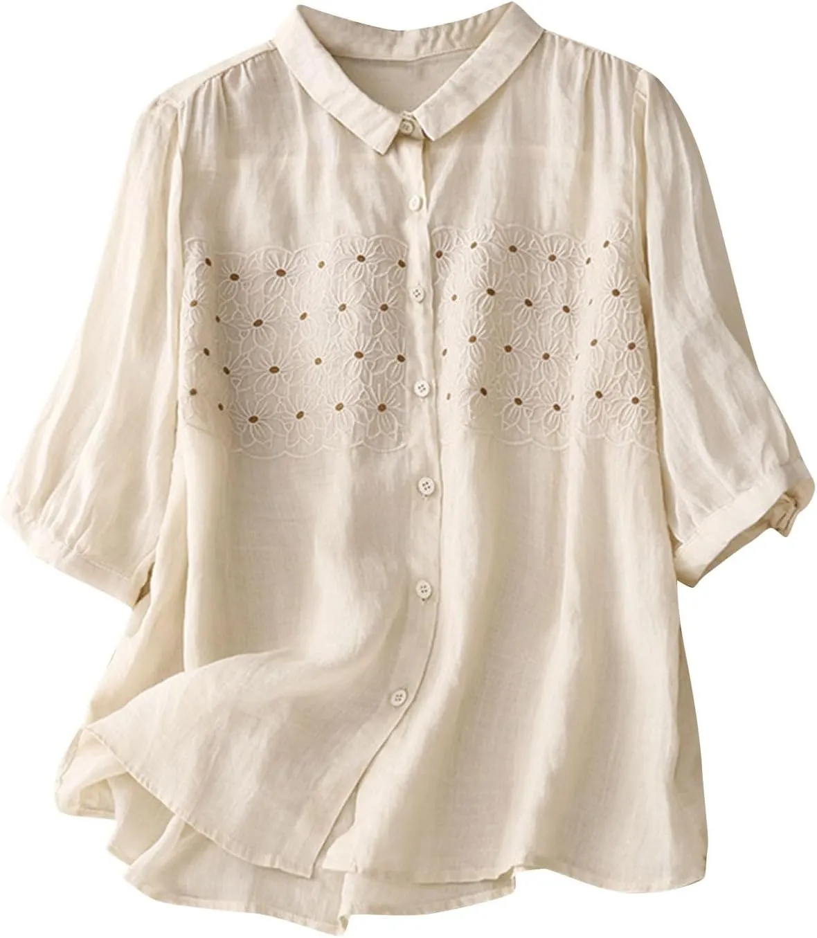 Women's Elbow Sleeve Button Down Cotton Linen Tops Shirts Simple Solid Color Collared Blouses Casual Loose T Shirt