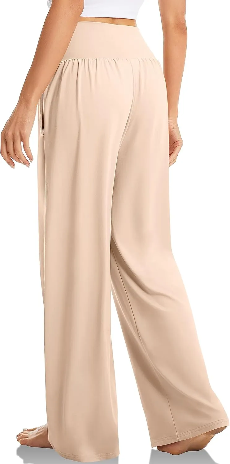 Womens Linen Pants High Waist Wide Leg Trousers Casual Cross Elastic Waistband Summer Beach Pant with Pocket