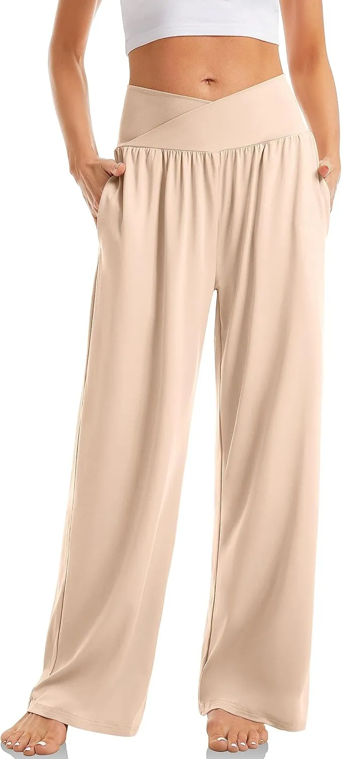 Womens Linen Pants High Waist Wide Leg Trousers Casual Cross Elastic Waistband Summer Beach Pant with Pocket