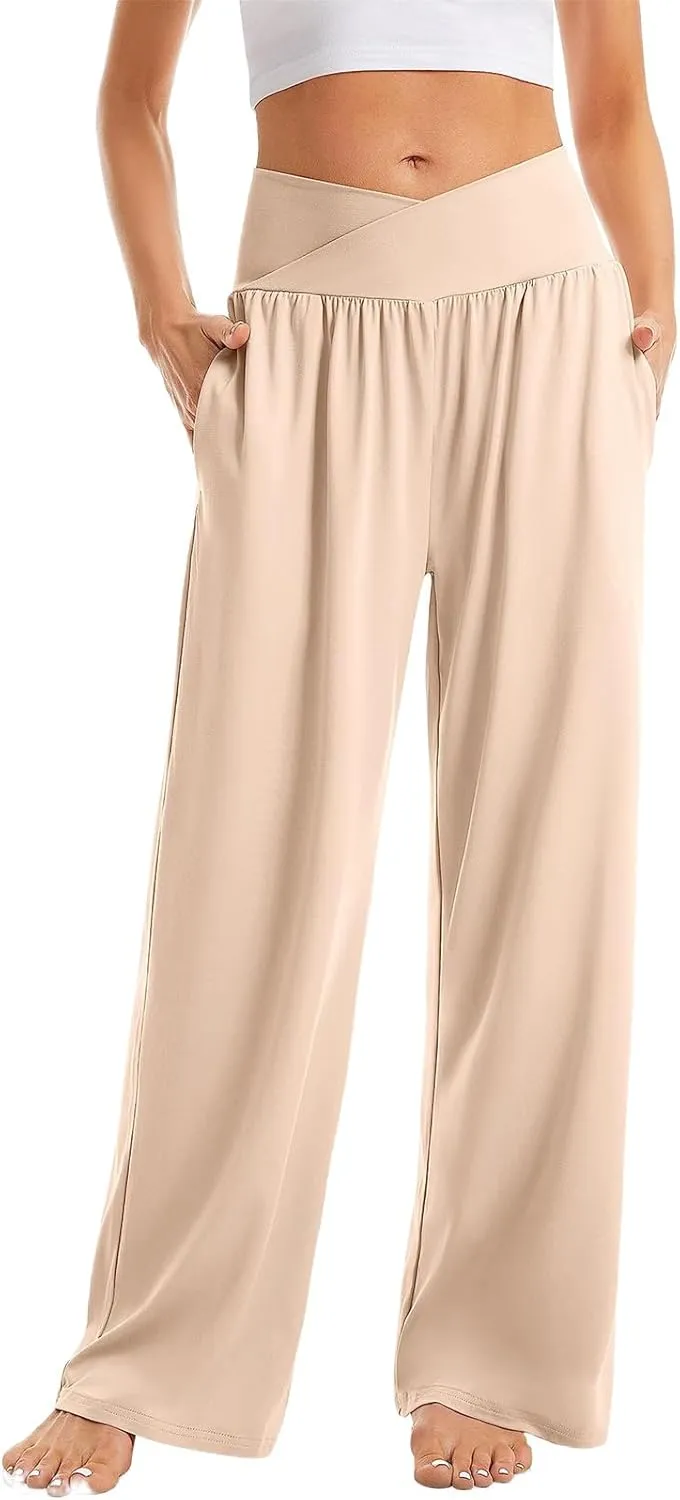 Womens Linen Pants High Waist Wide Leg Trousers Casual Cross Elastic Waistband Summer Beach Pant with Pocket