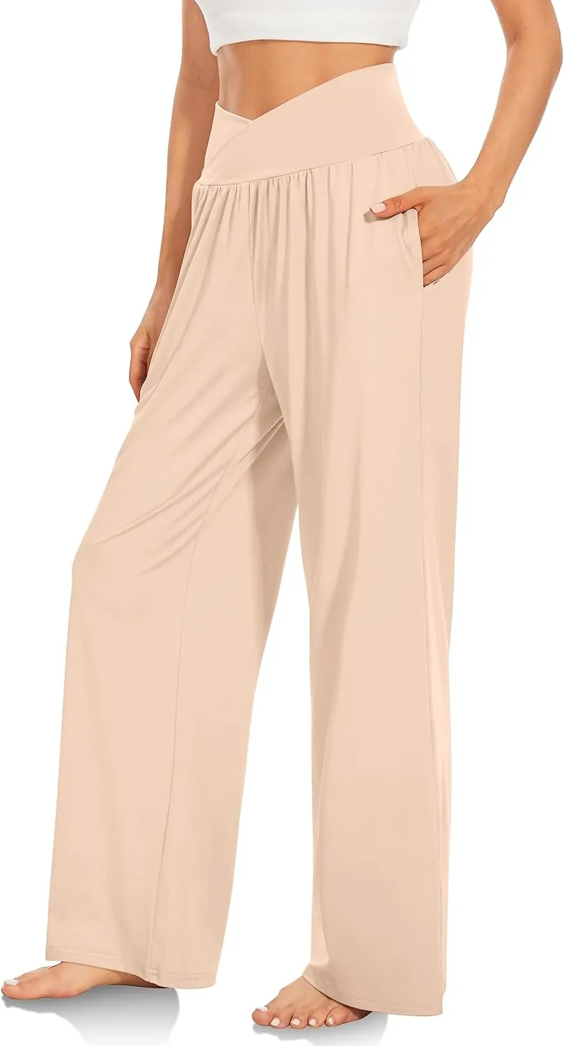 Womens Linen Pants High Waist Wide Leg Trousers Casual Cross Elastic Waistband Summer Beach Pant with Pocket