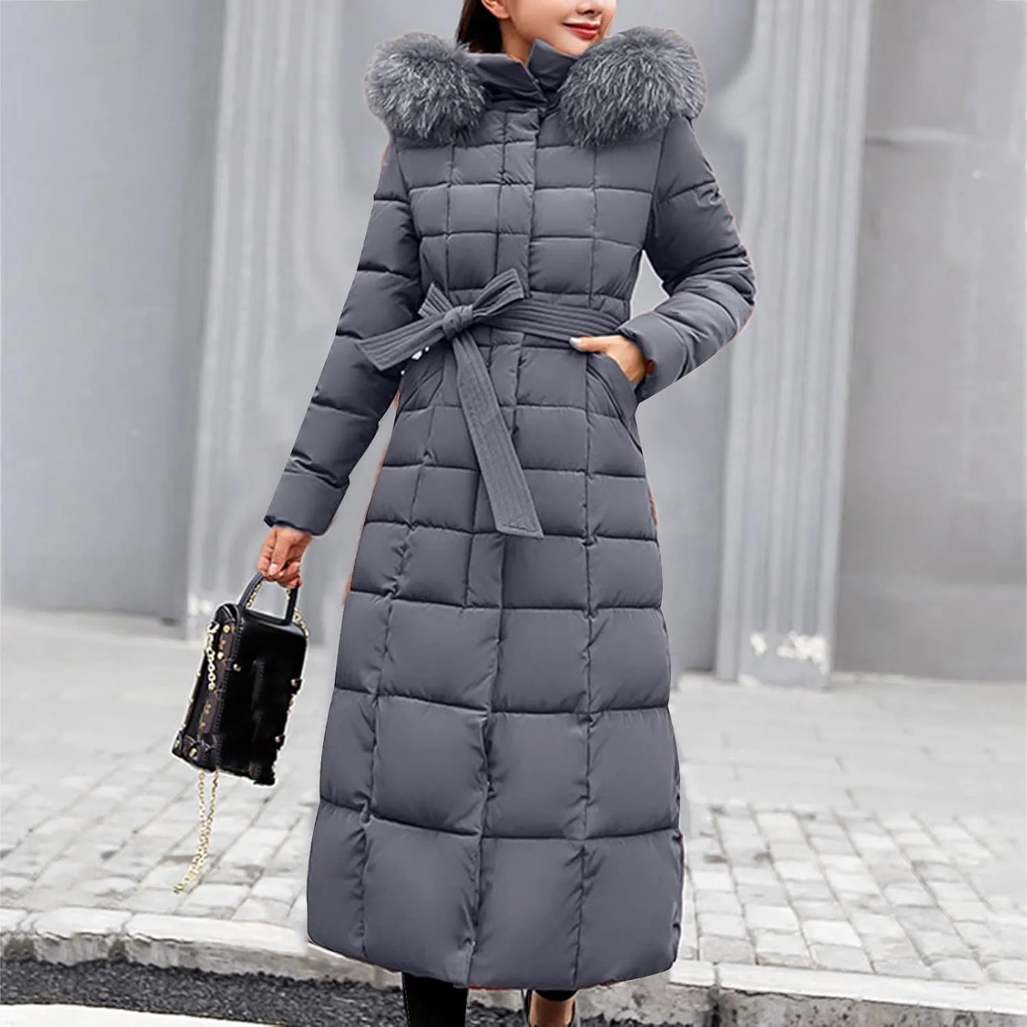 Womens Long Puffer Jacket Fashion Elegant Hooded Down Coat Casual Solid Zipper Padded Outwear 2024 Warm Winter Coats