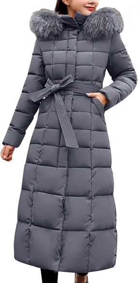 Womens Long Puffer Jacket Fashion Elegant Hooded Down Coat Casual Solid Zipper Padded Outwear 2024 Warm Winter Coats