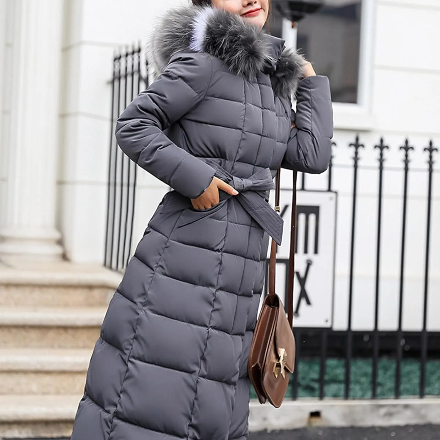 Womens Long Puffer Jacket Fashion Elegant Hooded Down Coat Casual Solid Zipper Padded Outwear 2024 Warm Winter Coats