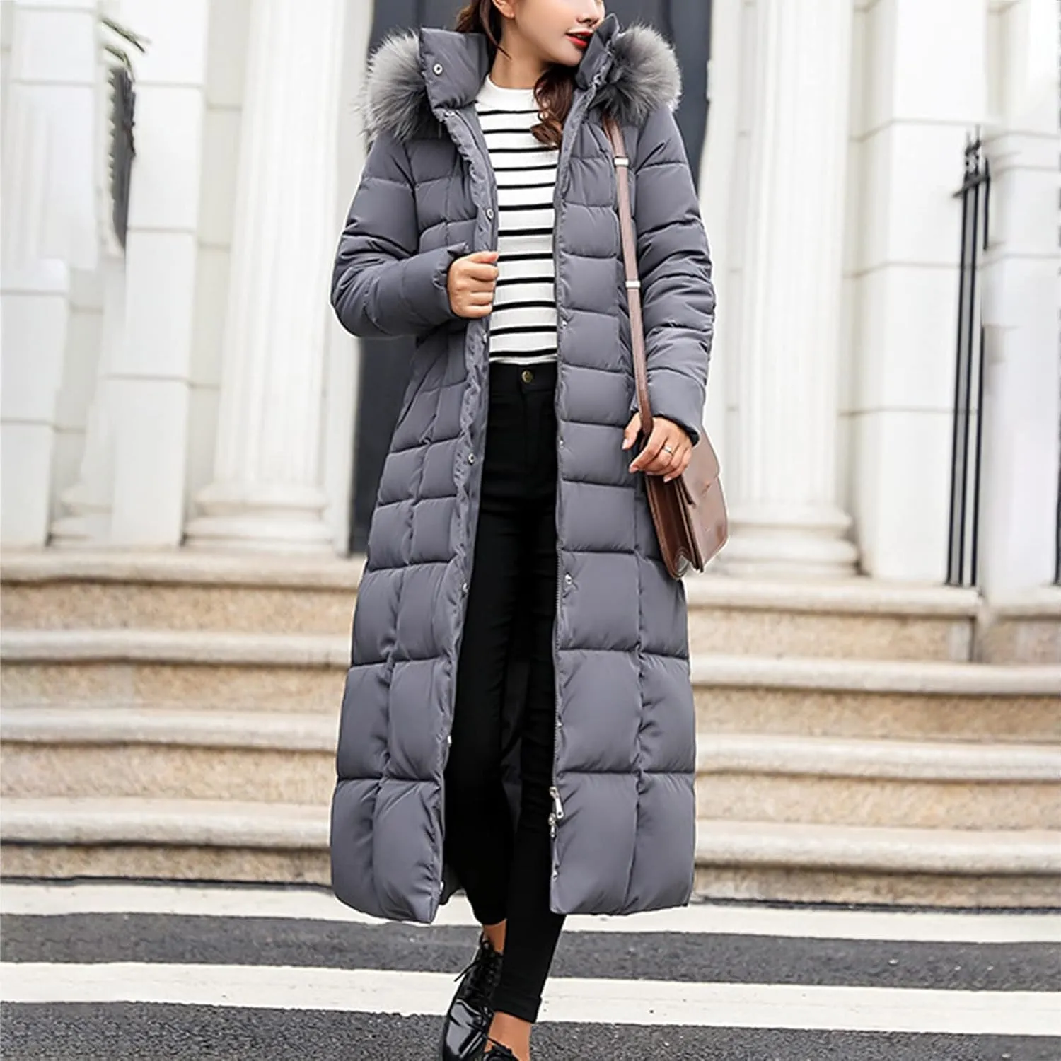 Womens Long Puffer Jacket Fashion Elegant Hooded Down Coat Casual Solid Zipper Padded Outwear 2024 Warm Winter Coats