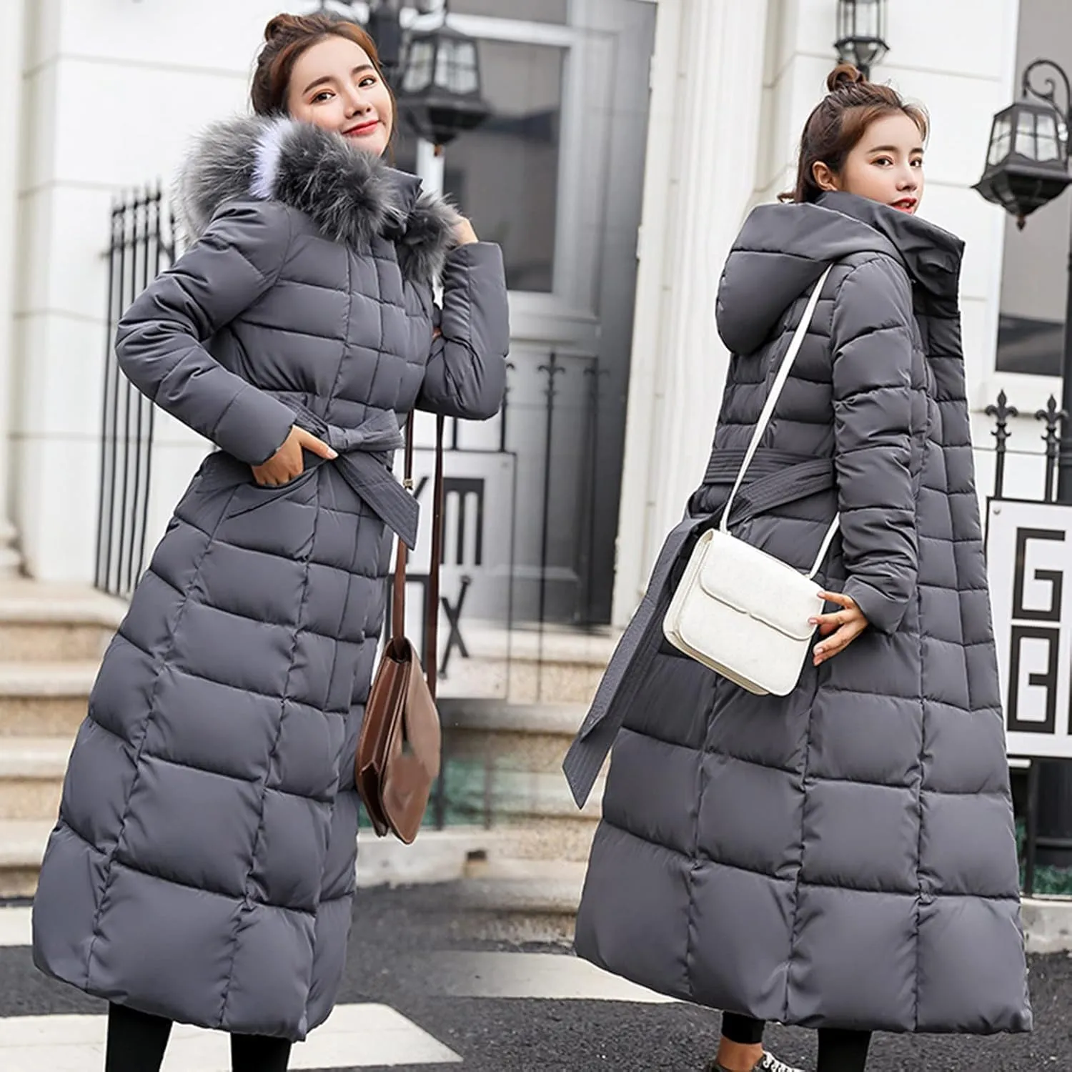 Womens Long Puffer Jacket Fashion Elegant Hooded Down Coat Casual Solid Zipper Padded Outwear 2024 Warm Winter Coats