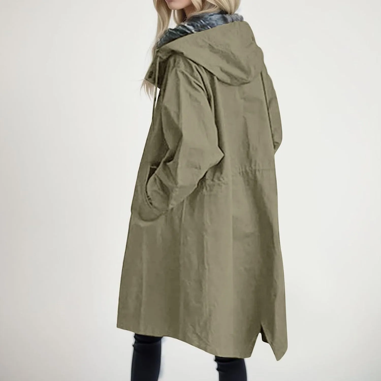 Womens Oversized Trench Coat Lightweight Windbreaker Waterproof Raincoat Long Hooded Pea Coat Lined Elegant Jacket