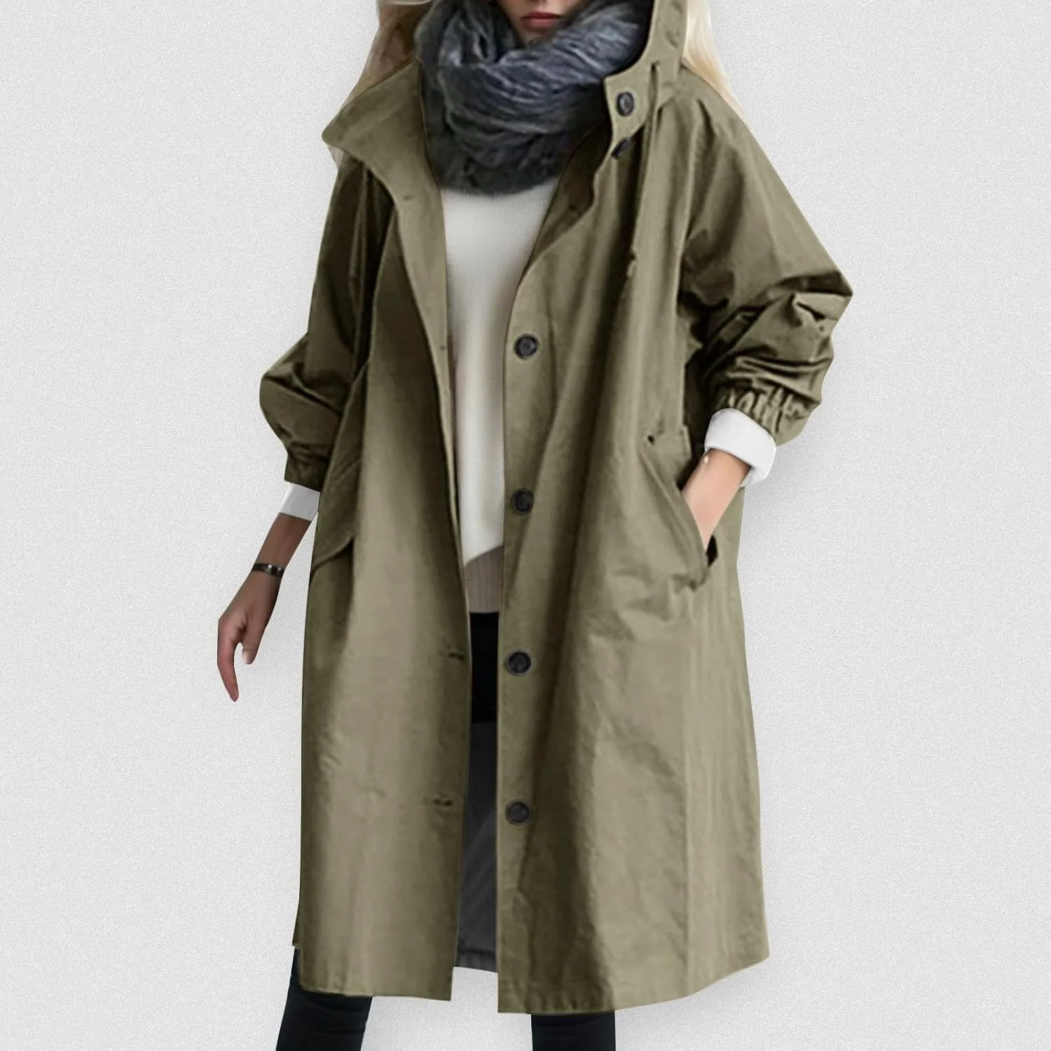 Womens Oversized Trench Coat Lightweight Windbreaker Waterproof Raincoat Long Hooded Pea Coat Lined Elegant Jacket