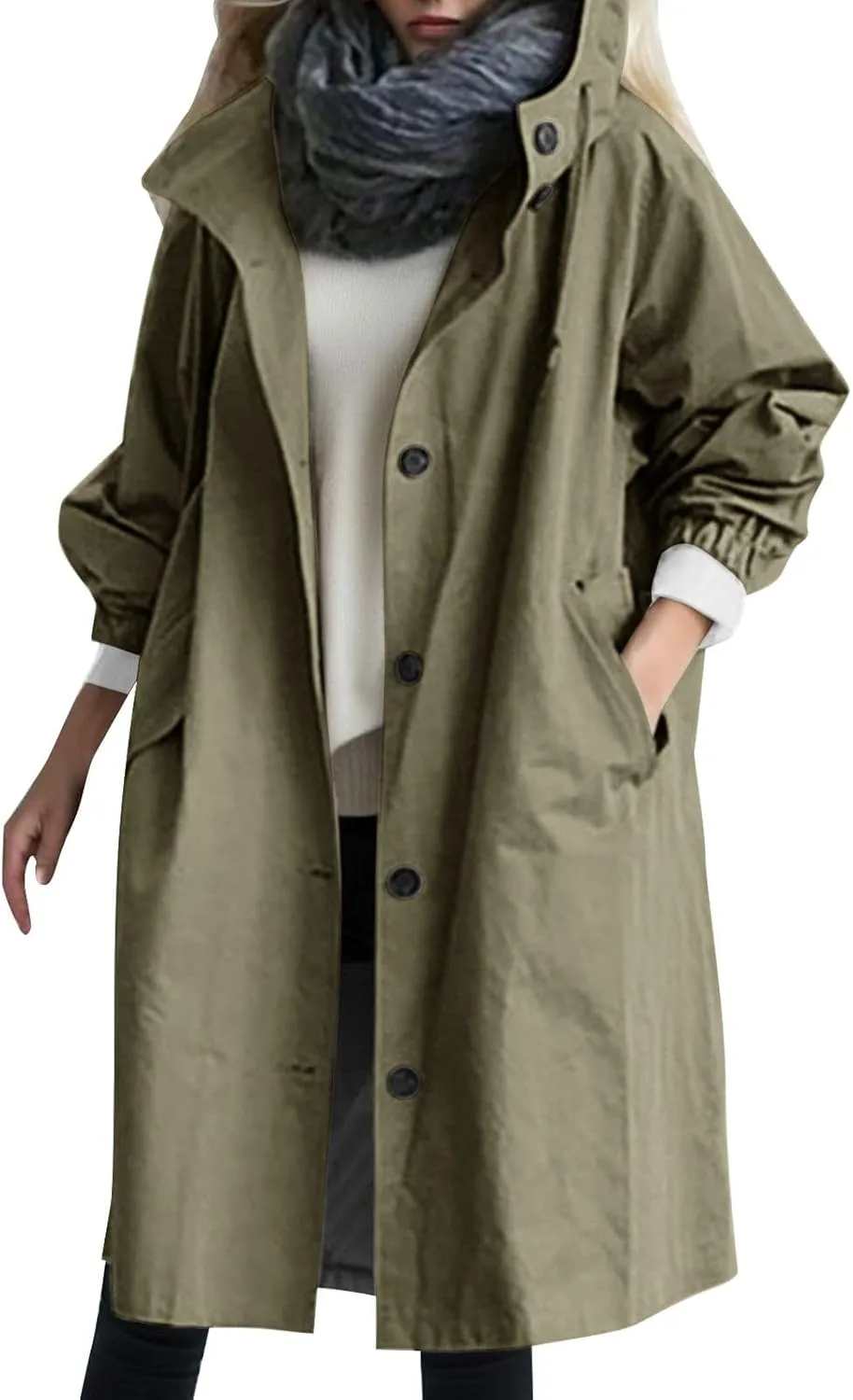 Womens Oversized Trench Coat Lightweight Windbreaker Waterproof Raincoat Long Hooded Pea Coat Lined Elegant Jacket