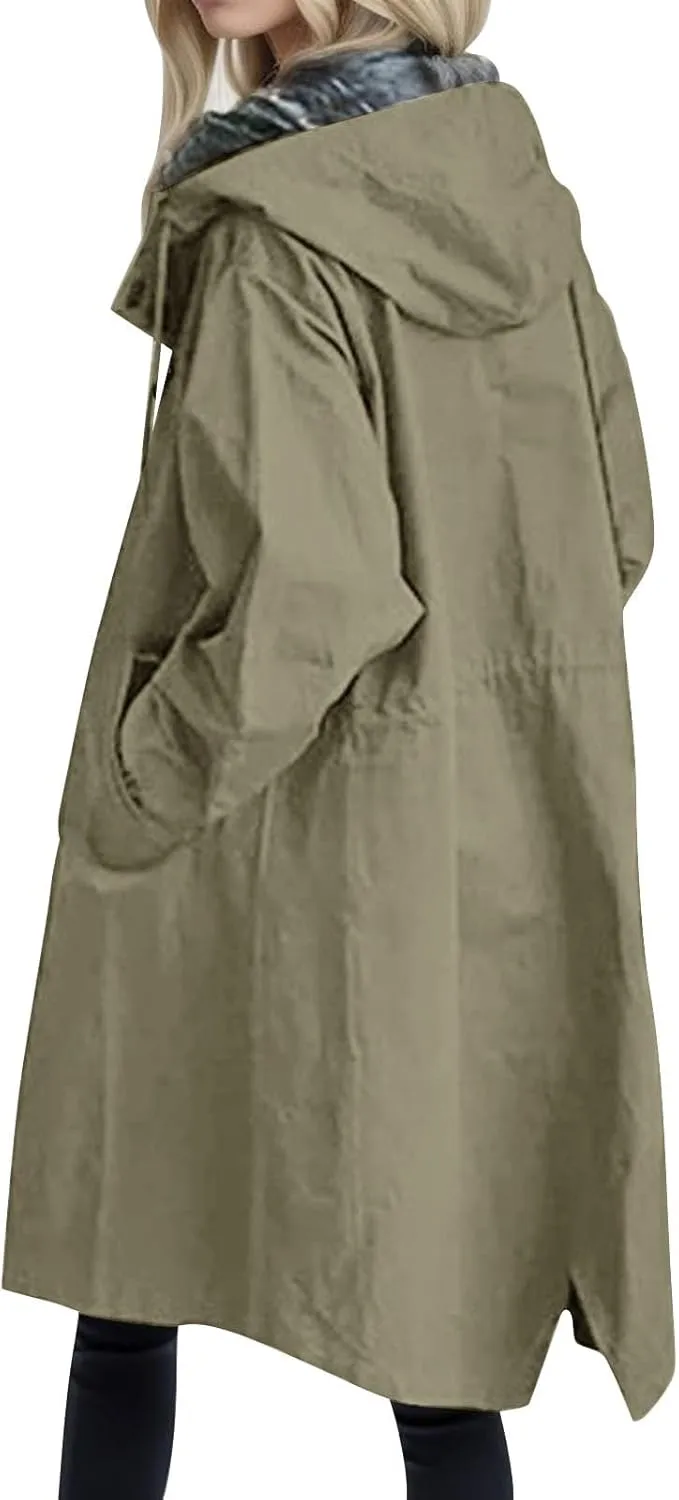 Womens Oversized Trench Coat Lightweight Windbreaker Waterproof Raincoat Long Hooded Pea Coat Lined Elegant Jacket