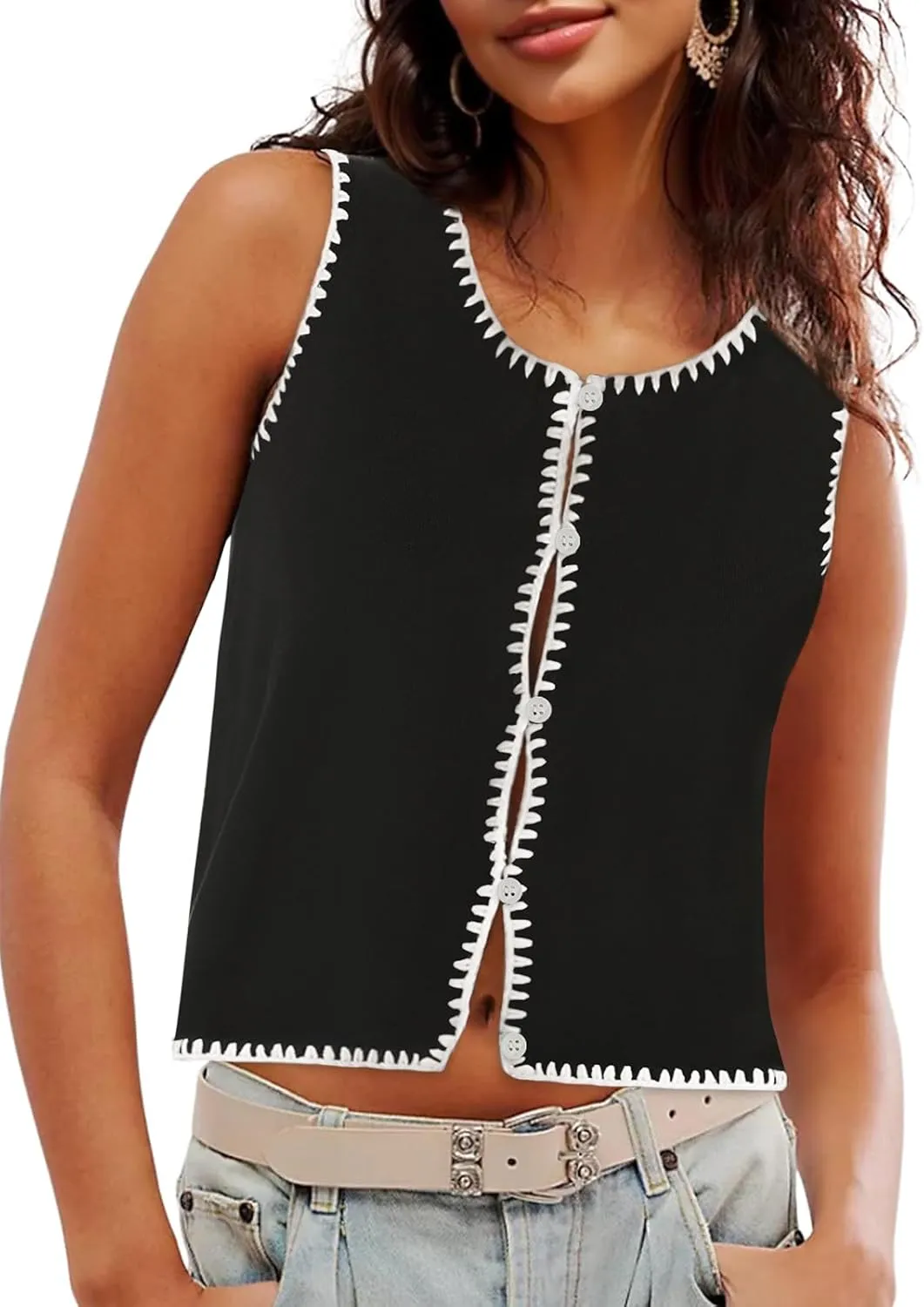 Womens Sweater Vest Sleeveless Button Down Tank Tops Spring Summer Cropped Cardigan 2025 Knit Top