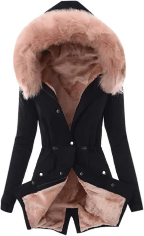 Womens Winter Fleece Jacket with Hood Fashion Elegant Long Sleeve Button Overcoat Casual Slim Outdoor Outing Outwear