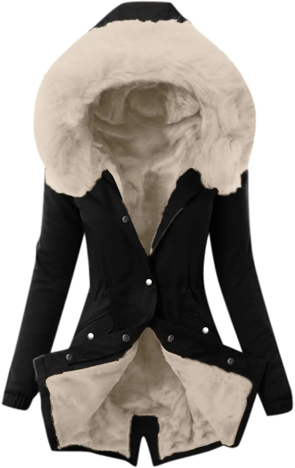 Womens Winter Fleece Jacket with Hood Fashion Elegant Long Sleeve Button Overcoat Casual Slim Outdoor Outing Outwear
