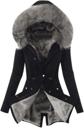 Womens Winter Fleece Jacket with Hood Fashion Elegant Long Sleeve Button Overcoat Casual Slim Outdoor Outing Outwear